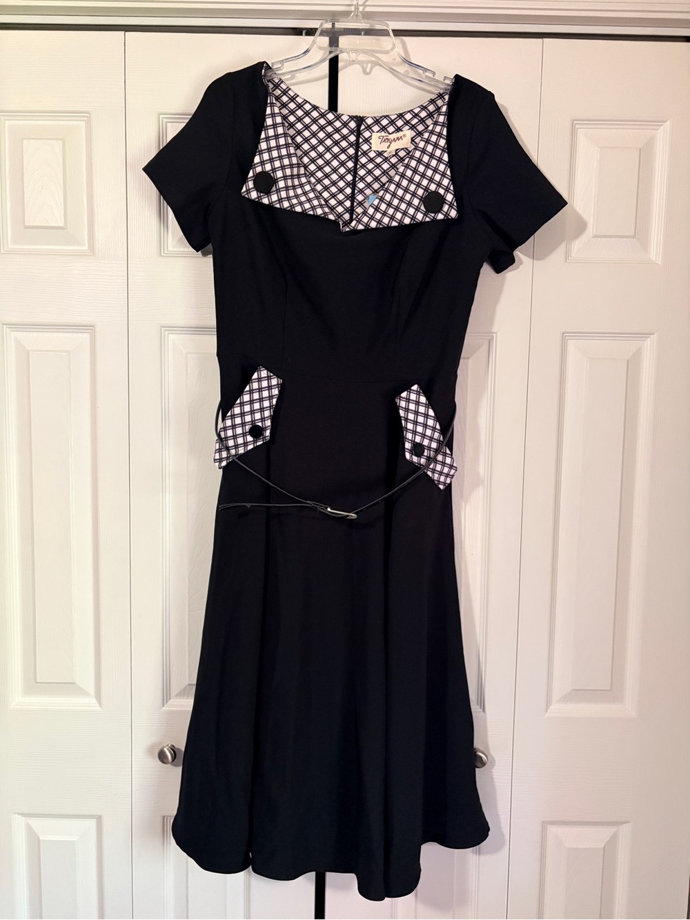 Tatyana Black Midi Dress with Black-and-White Checked Trim